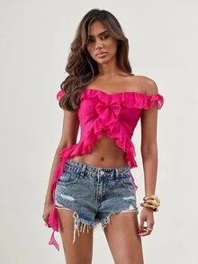 SHEIN ICON Solid Color Off Shoulder Ruffle Slit Fashionable Sexy Blouse For Summer,Summer Top Vacation Hot Pink - Pink - View 9