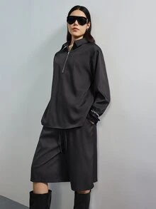 MERLEAU Women's Black Loose Fit Half Zip Long Sleeve Top And Bermuda Shorts Set, Solid Minimalist Casual Fall Everyday Travel - Coffee Brown - View 9