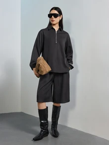 MERLEAU Women's Black Loose Fit Half Zip Long Sleeve Top And Bermuda Shorts Set, Solid Minimalist Casual Fall Everyday Travel - Coffee Brown - View 7