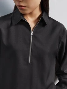 MERLEAU Women's Black Loose Fit Half Zip Long Sleeve Top And Bermuda Shorts Set, Solid Minimalist Casual Fall Everyday Travel - Coffee Brown - View 4