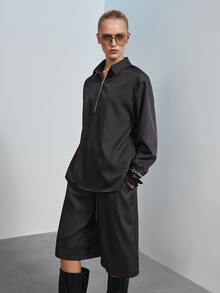 MERLEAU Women's Black Loose Fit Half Zip Long Sleeve Top And Bermuda Shorts Set, Solid Minimalist Casual Fall Everyday Travel - Coffee Brown - View 3