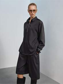 MERLEAU Women's Black Loose Fit Half Zip Long Sleeve Top And Bermuda Shorts Set, Solid Minimalist Casual Fall Everyday Travel - Coffee Brown - View 10