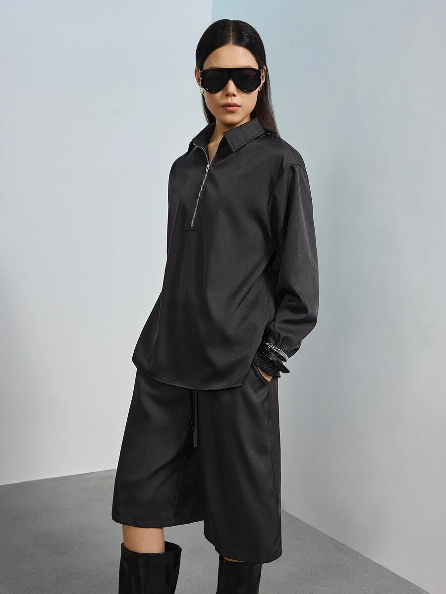 MERLEAU Women's Black Loose Fit Half Zip Long Sleeve Top And Bermuda Shorts Set, Solid Minimalist Casual Fall Everyday Travel - Coffee Brown - View 1