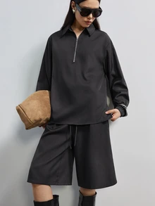 MERLEAU Women's Black Loose Fit Half Zip Long Sleeve Top And Bermuda Shorts Set, Solid Minimalist Casual Fall Everyday Travel - Coffee Brown - View 5