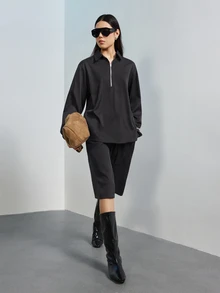 MERLEAU Women's Black Loose Fit Half Zip Long Sleeve Top And Bermuda Shorts Set, Solid Minimalist Casual Fall Everyday Travel - Coffee Brown - View 8
