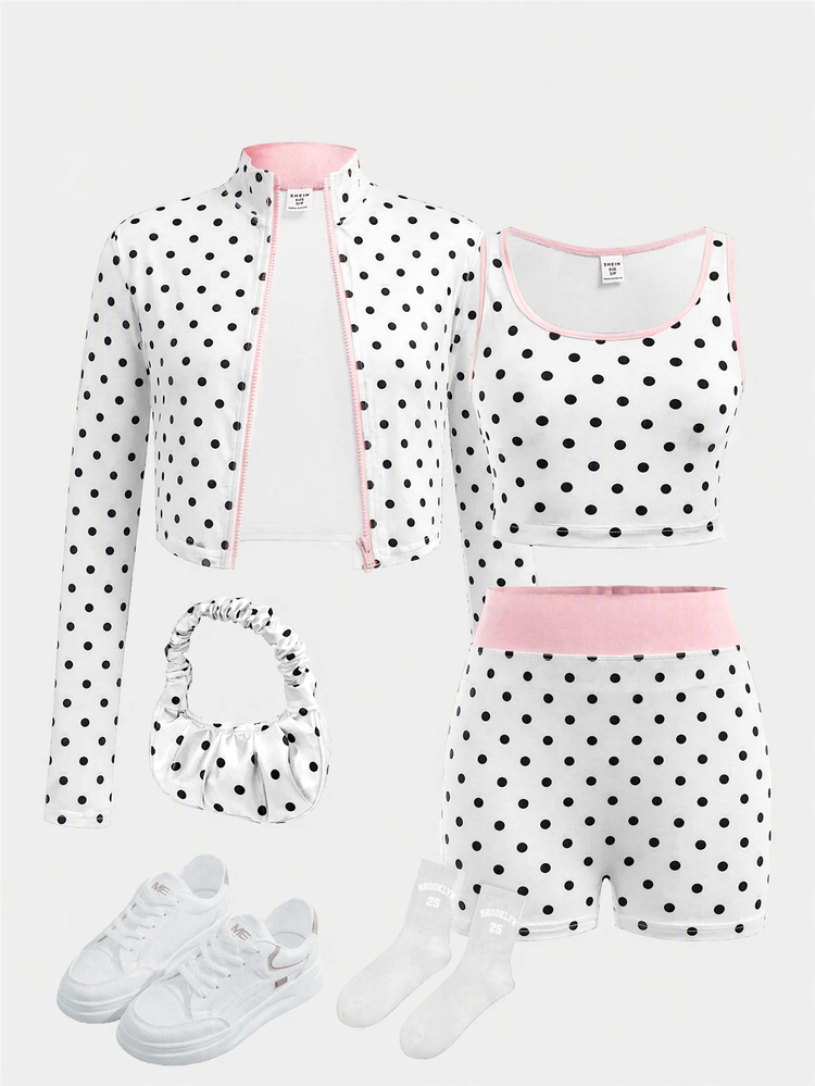SHEIN Conjunto deportivo casual y lindo para adolescentes, bloque de color rosa con base blanca y lunares negros, gimnasio, sexto año, verano - Multicolor - Añade 3
