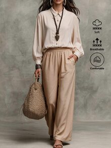 Offisola Off-White Lace Trim Long Sleeve Blouse + Khaki High Waist Wide Leg Pants Set - Beige - View 6