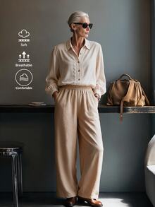 Offisola Off-White Lace Trim Long Sleeve Blouse + Khaki High Waist Wide Leg Pants Set - Beige - View 3