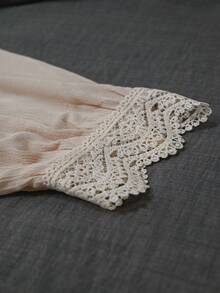Offisola Off-White Lace Trim Long Sleeve Blouse + Khaki High Waist Wide Leg Pants Set - Beige - View 8