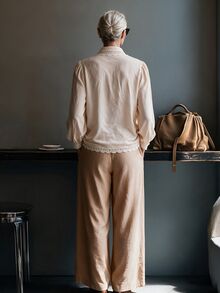 Offisola Off-White Lace Trim Long Sleeve Blouse + Khaki High Waist Wide Leg Pants Set - Beige - View 2