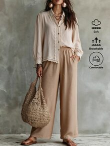 Offisola Off-White Lace Trim Long Sleeve Blouse + Khaki High Waist Wide Leg Pants Set - Beige - View 7