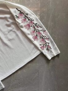 INAWLY Autumn Fresh Casual White Floral Print Raglan Long Sleeve T-Shirt, Round Neck Cropped Loose Fit Base Layer Top, Versatile For Daily Commute And Travel, Skin-Friendly Comfortable Fabric - White - View 5
