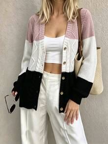 SHEIN Women's Contrast Color Drop Shoulder Long Sleeve Casual French Preppy Knit Cardigan Brunch School Black And White Autumn Brunch School - Multicolor - View 7