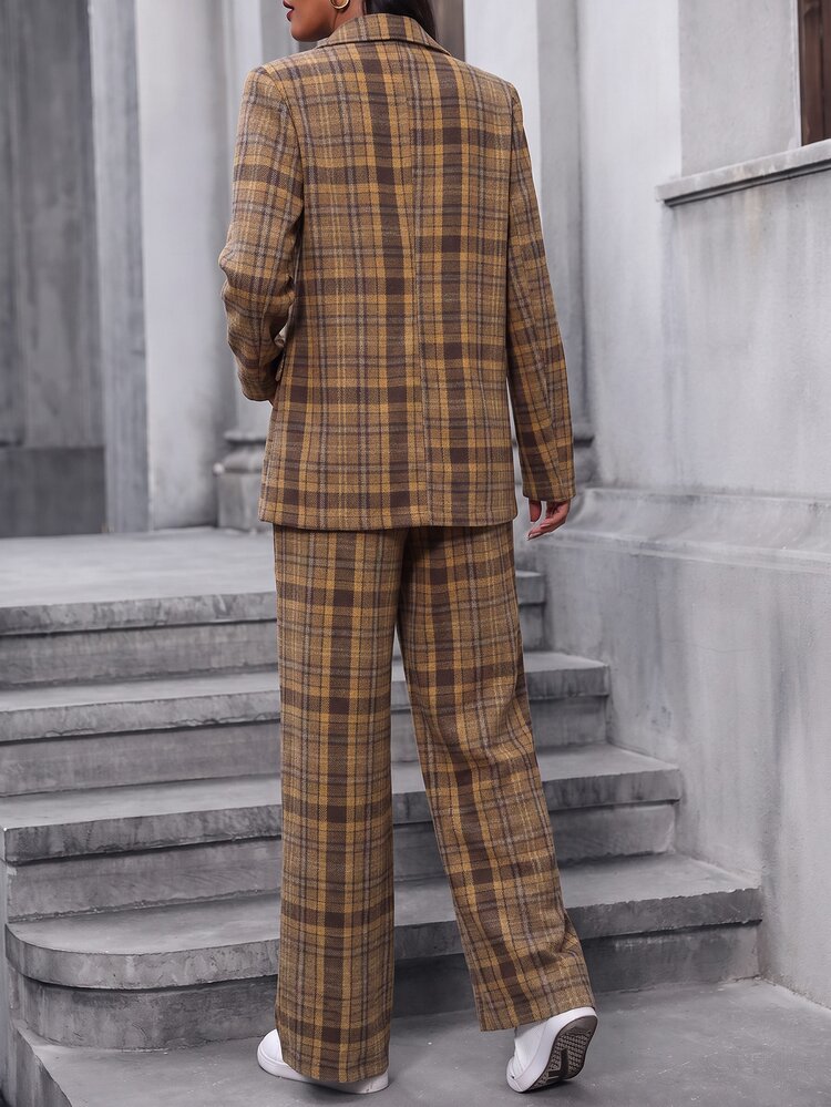 SHEIN Fall Women Plaid Cotton 2 Pieces Suit, Double Breasted Blazer High Waist Wide Leg Pants, Vintage Casual Elegant Co-Ord Set For Office Business Brown - Multicolor - View 2