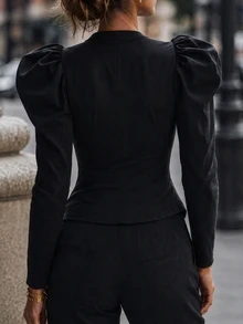SHEIN Women's Stylish V-Neck Fitted Top Featuring An Asymmetrical Design And Puff Sleeves; Black Shirt Suitable For Daily Commuting, Fall/Winter. Sexy - Black - View 3