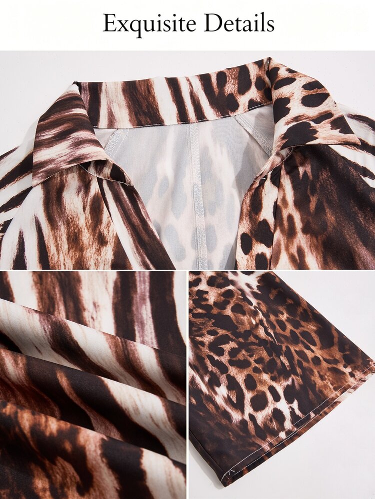 SOLERSUN Women's Autumn/Winter Fashion V-Neck Loose Batwing Sleeve Black And White Leopard Print Cow Print Dress Holiday Brunch Vacation Elegant Boho Going Out - Brown - View 11