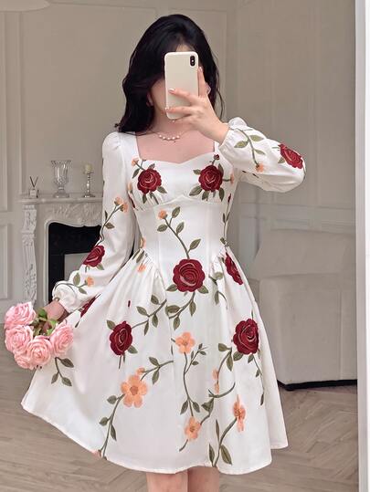 Modelyn Women's French Floral Print Square Neck Puff Long Sleeve Cinched Cinched Waist A-Line Short Dress Floral Dress  Vacation Fairy Dress
