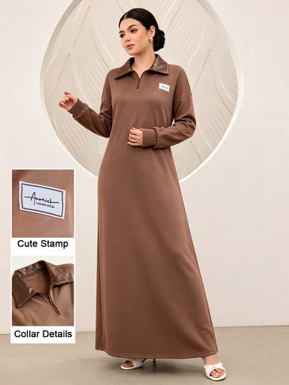 Graceveil Women's Brown Sporty Sweatshirt Dress, PU Leather Collar With Half‑Zip, Small Label Decoration, Loose Straight Fit, Autumn & Winter Outfit