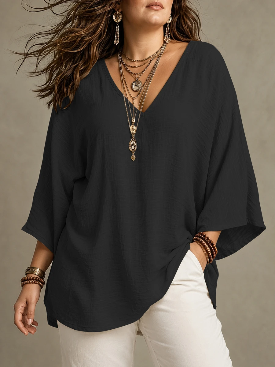 Ceyna Plus Size Women's French Casual Elegant V-Neck 3/4 Sleeve Blouse - Black - View 1