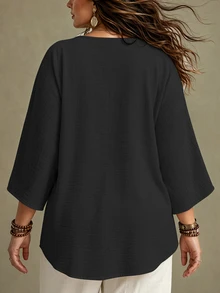 Ceyna Plus Size Women's French Casual Elegant V-Neck 3/4 Sleeve Blouse - Black - View 2