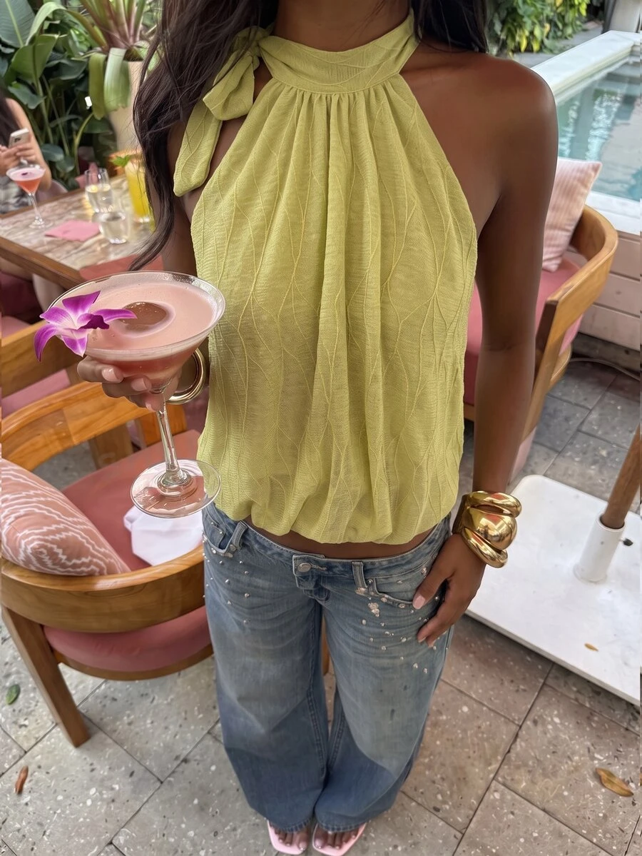 SHEIN Unity Soft Lime Green Textured Fabric Halter Neck Side Tie Knot Sleeveless Gathered Bubble Hem Loose Cropped Cami Top Summer Holiday Outfits