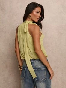 SHEIN Unity Soft Lime Green Textured Fabric Halter Neck Side Tie Knot Sleeveless Gathered Bubble Hem Loose Cropped Cami Top Summer Holiday Outfits - Green - View 3