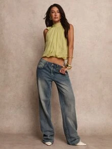 SHEIN Unity Soft Lime Green Textured Fabric Halter Neck Side Tie Knot Sleeveless Gathered Bubble Hem Loose Cropped Cami Top Summer Holiday Outfits - Green - View 6