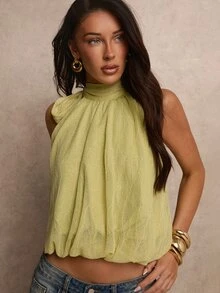 SHEIN Unity Soft Lime Green Textured Fabric Halter Neck Side Tie Knot Sleeveless Gathered Bubble Hem Loose Cropped Cami Top Summer Holiday Outfits - Green - View 9