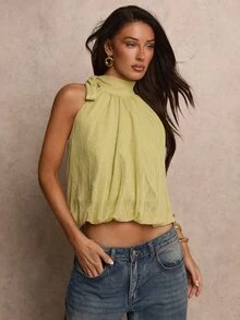 SHEIN Unity Soft Lime Green Textured Fabric Halter Neck Side Tie Knot Sleeveless Gathered Bubble Hem Loose Cropped Cami Top Summer Holiday Outfits - Green - View 7