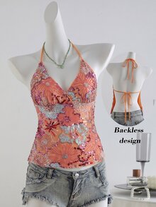 SHEIN Unity Women's Green Sequin Embroidered Strappy Backless Camisole Tank Top, Fashionable Sexy Vacation Top, Sequin Embroidered Top - Orange - View 10