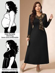 Comfylo Women's Plus Size Elegant Long Dress With Contrast Cuff And Neckline Party Evening Black Autumn - Black - View 2