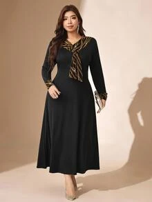 Comfylo Women's Plus Size Elegant Long Dress With Contrast Cuff And Neckline Party Evening Black Autumn - Black - View 6