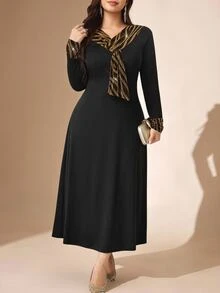 Comfylo Women's Plus Size Elegant Long Dress With Contrast Cuff And Neckline Party Evening Black Autumn - Black - View 4