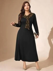 Comfylo Women's Plus Size Elegant Long Dress With Contrast Cuff And Neckline Party Evening Black Autumn - Black - View 7