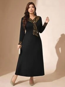 Comfylo Women's Plus Size Elegant Long Dress With Contrast Cuff And Neckline Party Evening Black Autumn - Black - View 8