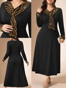 Comfylo Women's Plus Size Elegant Long Dress With Contrast Cuff And Neckline Party Evening Black Autumn - Black - View 3