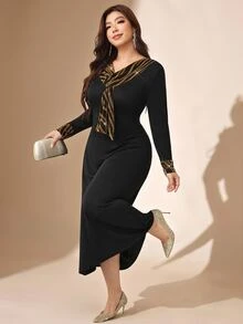 Comfylo Women's Plus Size Elegant Long Dress With Contrast Cuff And Neckline Party Evening Black Autumn - Black - View 5