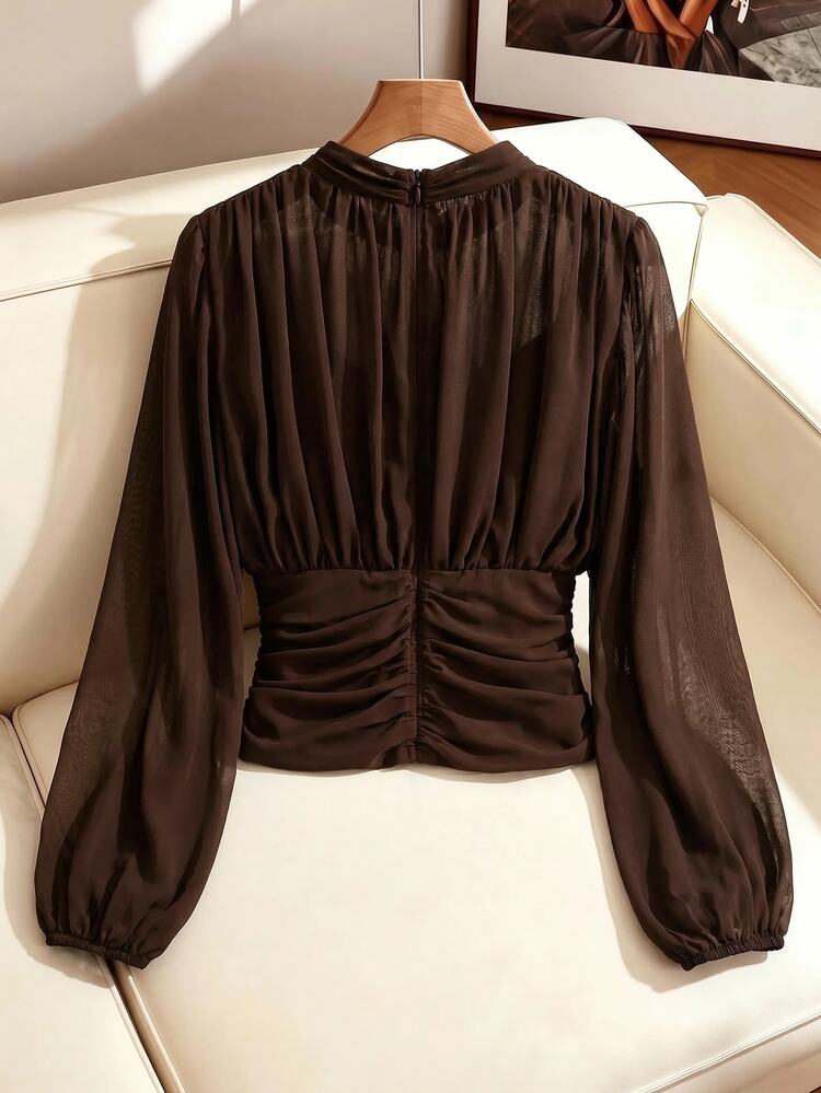 SHEIN Clasi Plus Size Women's Solid Color Stand Collar Long Sleeve Pleated Elegant Chiffon Blouse Brunch Formal Morning Social Basic Blouse Cute Tops - Coffee Brown - View 2