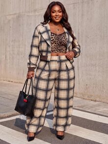 Slaydiva Khaki Plaid Lapel Short Jacket + Cuffed Lantern Pants 2 Pieces Set Plus Size Fall - Blue - View 6