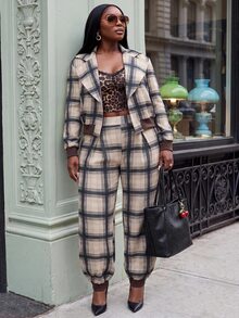 Slaydiva Khaki Plaid Lapel Short Jacket + Cuffed Lantern Pants 2 Pieces Set Plus Size Fall - Blue - View 3