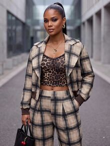 Slaydiva Khaki Plaid Lapel Short Jacket + Cuffed Lantern Pants 2 Pieces Set Plus Size Fall - Blue - View 8