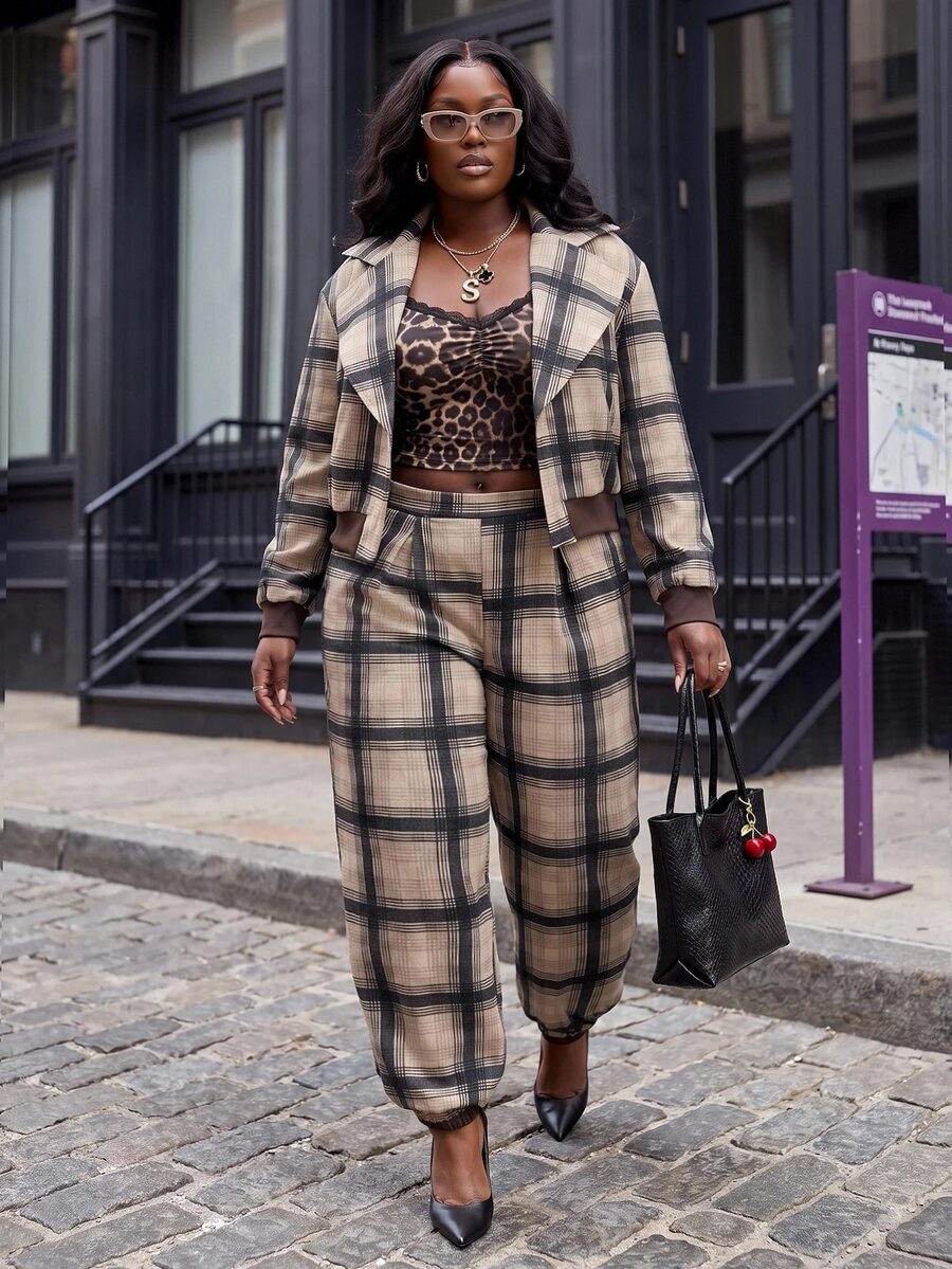 Slaydiva Khaki Plaid Lapel Short Jacket + Cuffed Lantern Pants 2 Pieces Set Plus Size Fall