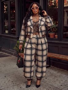 Slaydiva Khaki Plaid Lapel Short Jacket + Cuffed Lantern Pants 2 Pieces Set Plus Size Fall - Blue - View 5