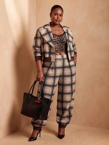 Slaydiva Khaki Plaid Lapel Short Jacket + Cuffed Lantern Pants 2 Pieces Set Plus Size Fall - Blue - View 11