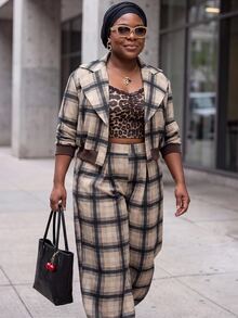 Slaydiva Khaki Plaid Lapel Short Jacket + Cuffed Lantern Pants 2 Pieces Set Plus Size Fall - Blue - View 7