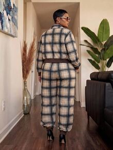 Slaydiva Khaki Plaid Lapel Short Jacket + Cuffed Lantern Pants 2 Pieces Set Plus Size Fall - Blue - View 4