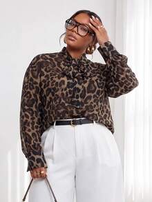 Slaydiva Summer/ Holiday Date Office Party Formal Leopard Print Ribbon Petal Sleeve Sheer Chiffon Blouse Plus Size Beige Romantic Elegant Business Casual - Brown - View 5