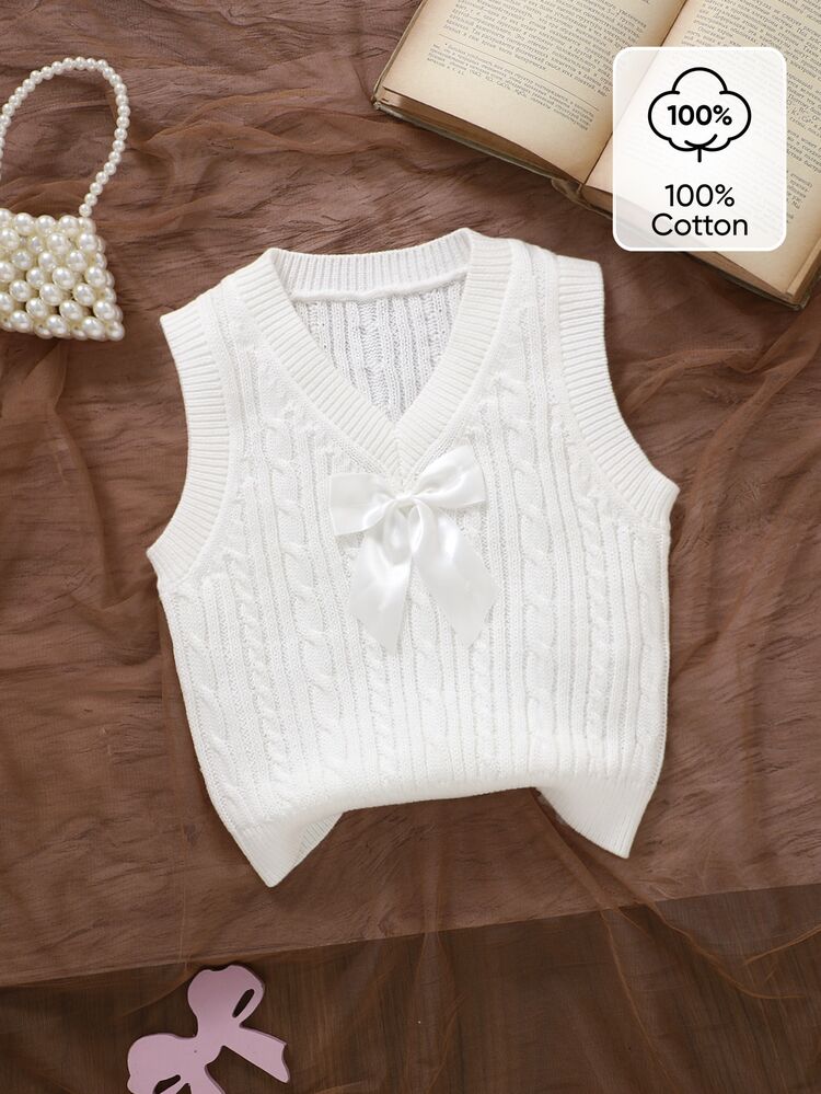 SHEIN 1pc Girls' Pure Cotton Cable Knit Vest, V-Neck 3D Bow Sleeveless Sweater Vest, Soft Baby Layering Inner Wear, Simple Cream White Solid Color Toddler Outerwear Camisole, Korean Gentle Style Infant Toddler Versatile Top, Little Girl Daily Outing Outfit Children's Clothing - Beige - View 8