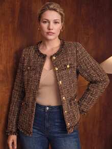 MOTF PREMIUM WOMEN'S PLUS SIZE ELEGANT CINCHED WAIST FRAYED HEM WINTER COAT - Brown - View 4
