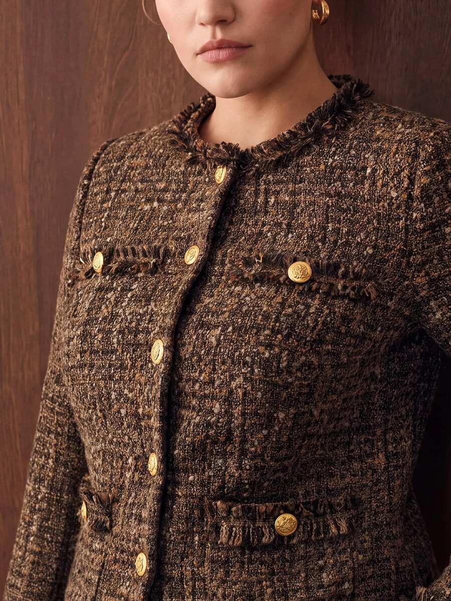 MOTF PREMIUM WOMEN'S PLUS SIZE ELEGANT CINCHED WAIST FRAYED HEM WINTER COAT - Brown - View 1